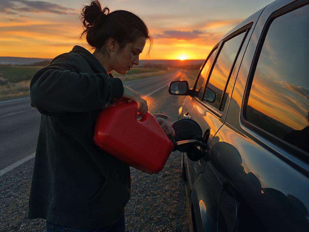 Representative stock image: driver pouring fuel from a red gas can into a car on the roadside